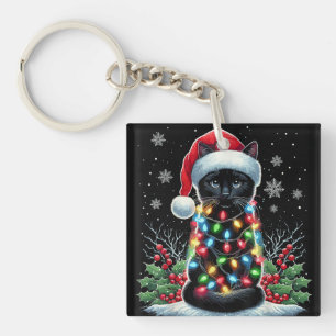 Schwarze Katze Weihnachten Santa Hut Lustige Meowy Schlüsselanhänger