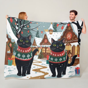 Schwarze Katze Weihnachten Schnee Urlaub Fleecedecke