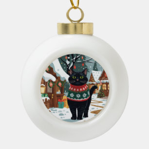 Schwarze Katze Weihnachten Schnee Urlaub Keramik Kugel-Ornament