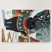Schwarze Katze Weihnachten Schnee Urlaub Puzzle (Horizontal)