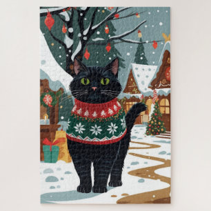 Schwarze Katze Weihnachten Schnee Urlaub Puzzle