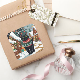 Schwarze Katze Weihnachten Schnee Urlaub Quadratischer Aufkleber