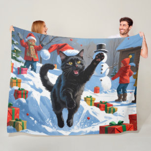 Schwarze Katze Weihnachtliches Schneeszenario Fleecedecke