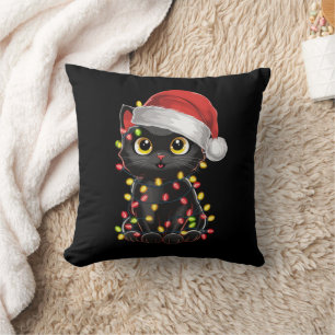 Schwarze Katze Weihnachtsbaum Lichter Lustiger San Kissen