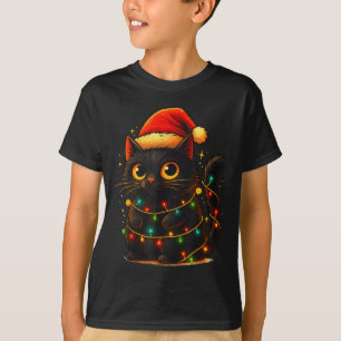 Schwarze Katze Weihnachtsbaum Lichter Lustiger San T-Shirt