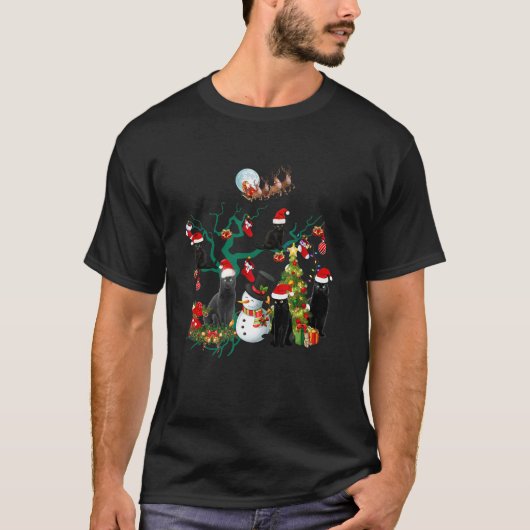 Schwarze Katze Weihnachtsbaum Lichter Weihnachtsfe T-Shirt (Vorderseite)