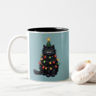 Schwarze Katze Weihnachtsbaum Ölbild verändert Zweifarbige Tasse