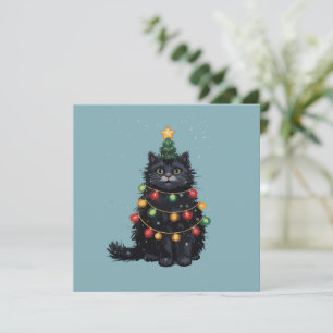 Schwarze Katze Weihnachtsbaum Ölgemälde verändert Feiertagskarte