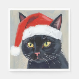 Schwarze Katze Weihnachtsbild Santa Hut Serviette