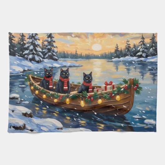 Schwarze Katze Weihnachtsboot Urlaub Geschirrtuch (Horizontal)