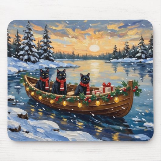 Schwarze Katze Weihnachtsboot Urlaub Mousepad (Vorne)