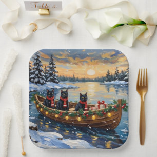 Schwarze Katze Weihnachtsboot Urlaub Pappteller