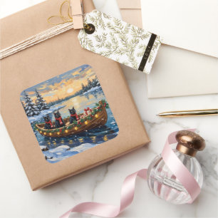 Schwarze Katze Weihnachtsboot Urlaub Quadratischer Aufkleber