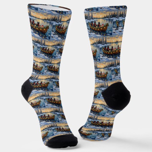 Schwarze Katze Weihnachtsboot Urlaub Socken (Gewinkelt)