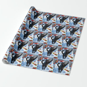 Schwarze Katze Weihnachtsfestliche Schneeszene Geschenkpapier