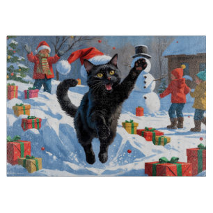 Schwarze Katze Weihnachtsfestliche Schneeszene Schneidebrett