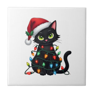 Schwarze Katze Weihnachtslichter Santa Hut Lustige Fliese