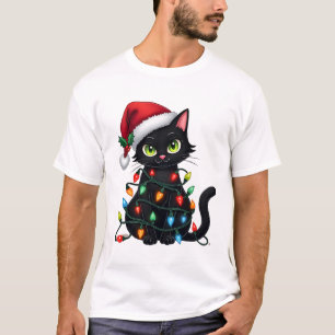Schwarze Katze Weihnachtslichter Santa Hut Lustige T-Shirt