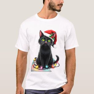 Schwarze Katze Weihnachtslichter Santa Hut Lustige T-Shirt