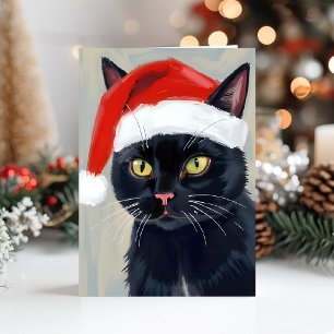 Schwarze Katze Weihnachtsmalerei Santa Hut Feiertagskarte