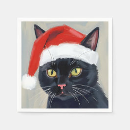 Schwarze Katze Weihnachtsmalerei Santa Hut Serviette