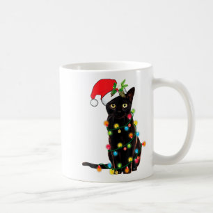 Schwarze Katze Weihnachtsmann in Weihnachtslichter Kaffeetasse