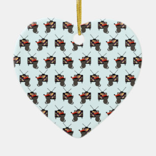 Schwarze Katze Weihnachtsmannmütze Fernsehen Retro Keramik Ornament