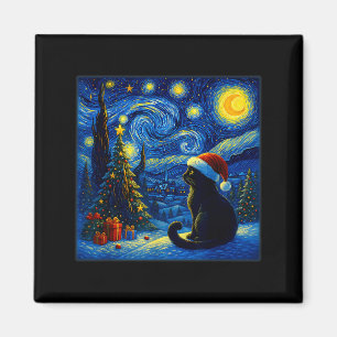 Schwarze Katze Weihnachtsmannmütze Van Gogh Sterne Magnet