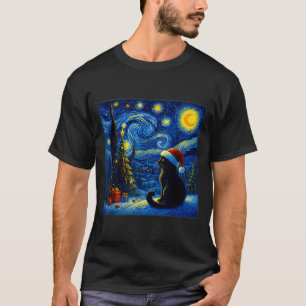 Schwarze Katze Weihnachtsmannmütze Van Gogh Sterne T-Shirt