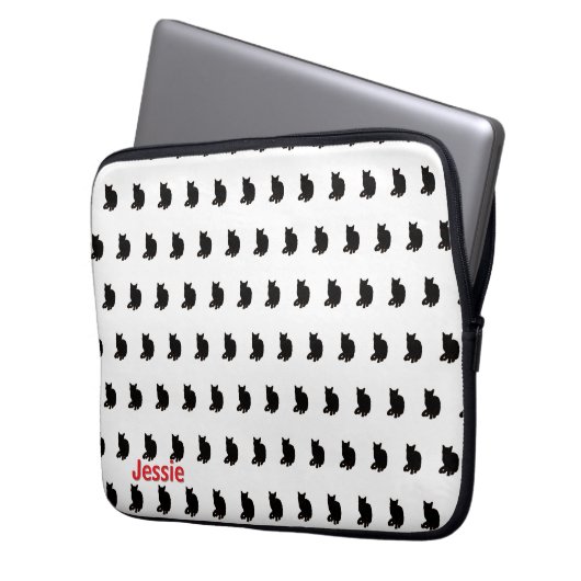 Schwarze Katze (weiß) Laptopschutzhülle (Vorderseite Links)