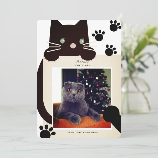 Schwarze Katze Weiße Weihnachtskarte Foto Weihnach Einladung (Stehend Vorderseite)