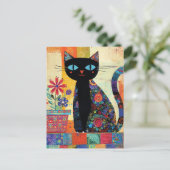 Schwarze Katze Whimsical Kunst Postkarte (Stehend Vorderseite)