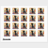 Schwarze Katze Whimsical Kunst Quadratischer Aufkleber (Blatt)