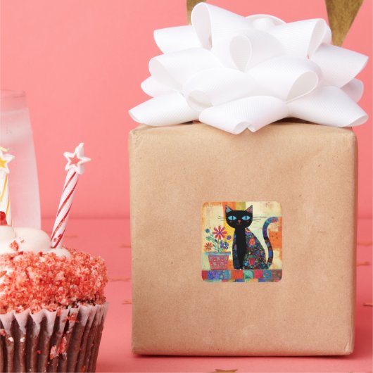 Schwarze Katze Whimsical Kunst Quadratischer Aufkleber (Party)