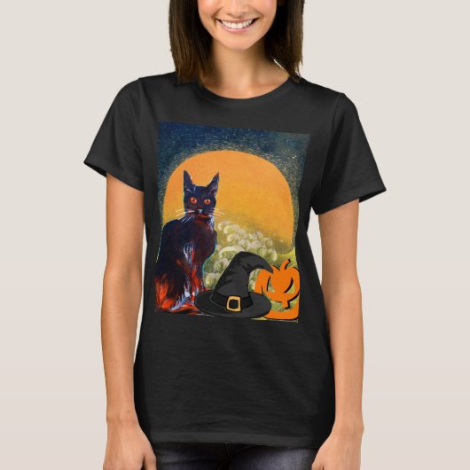 SCHWARZE KATZE, WITCH HAT UND PUMPKINS HALLOWEEN-P T-Shirt (Vorderseite)