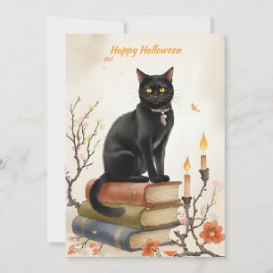 Schwarze Katze & Zauberbücher Wasserfarben Hallowe Feiertagskarte