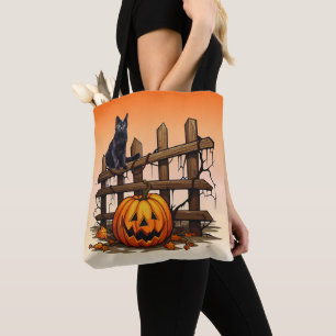 Schwarze Katze Zaun Kürbis Orange Halloween Tasche