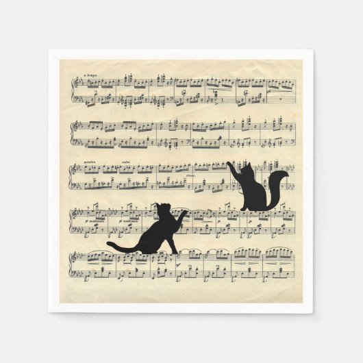 Schwarze Katzen auf Blatt Musik Serviette (Vorderseite)