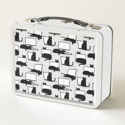 Schwarze Katzen auf Laptops Metall Brotdose (Rückseite)
