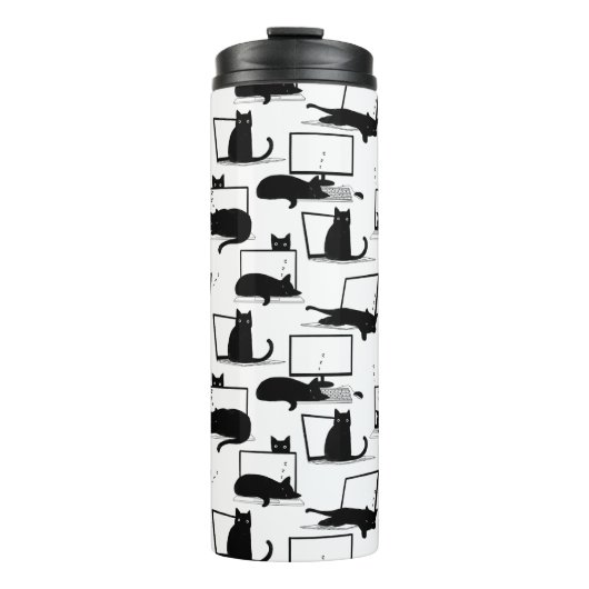 Schwarze Katzen auf Laptops Thermosbecher (Vorderseite)