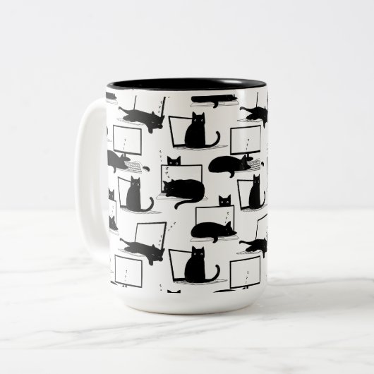 Schwarze Katzen auf Laptops Zweifarbige Tasse (Vorderseite Links)