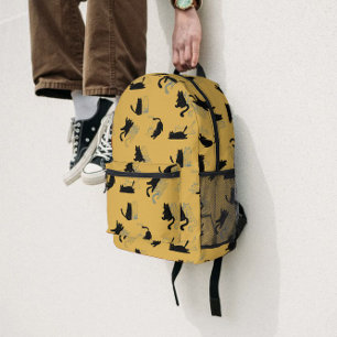 Schwarze Katzen auf Senfgelb mit blauen Umrandunge Bedruckter Rucksack