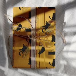 Schwarze Katzen auf Senfgelb mit blauen Umrandunge Geschenkpapier Set
