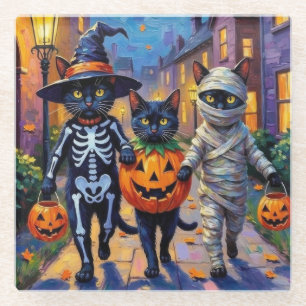 Schwarze Katzen beim Trick-or-Treat in Halloween-K Glasuntersetzer