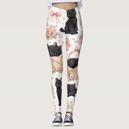 Schwarze Katzen-Blumen-Leggings Leggings (Vorderseite)
