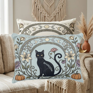 Schwarze Katzen-Botanik-Art Pastellgrüner Mondsich Dekokissen