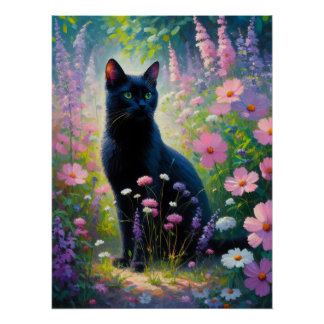 Schwarze Katzen Farbige Wildblumen Dekoupage Poster