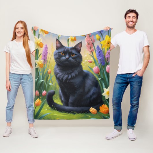 Schwarze Katzen Frühlingsblumen Malerei Fleecedecke (Beispiel)