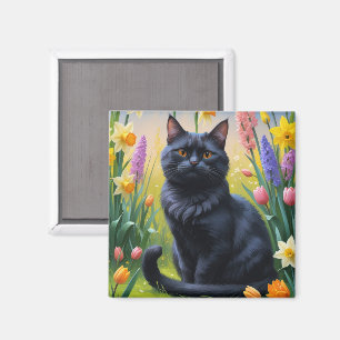 Schwarze Katzen Frühlingsblumen Malerei Magnet