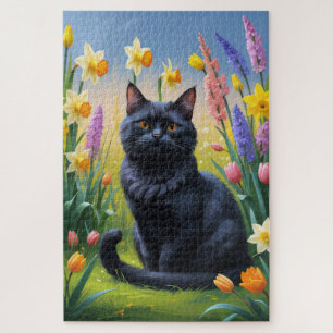 Schwarze Katzen Frühlingsblumen Malerei Puzzle